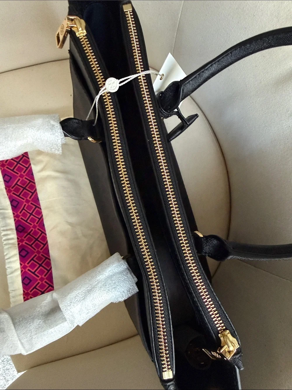 Tory Burch Black Saffiano Tote with Gold Logo Hardware